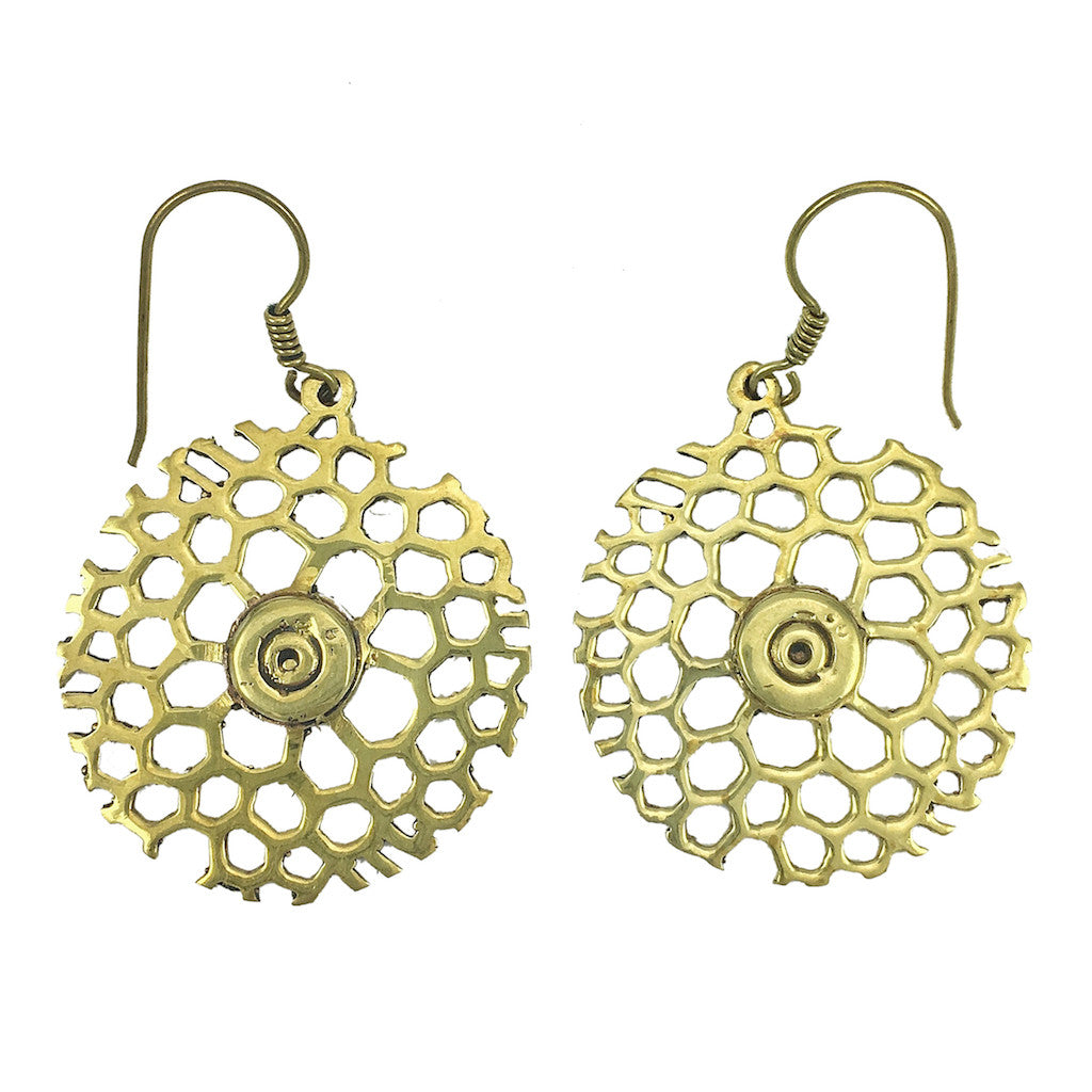 Honeycomb Peace Earrings, Hand-Polished Recycled Brass, Cambodia