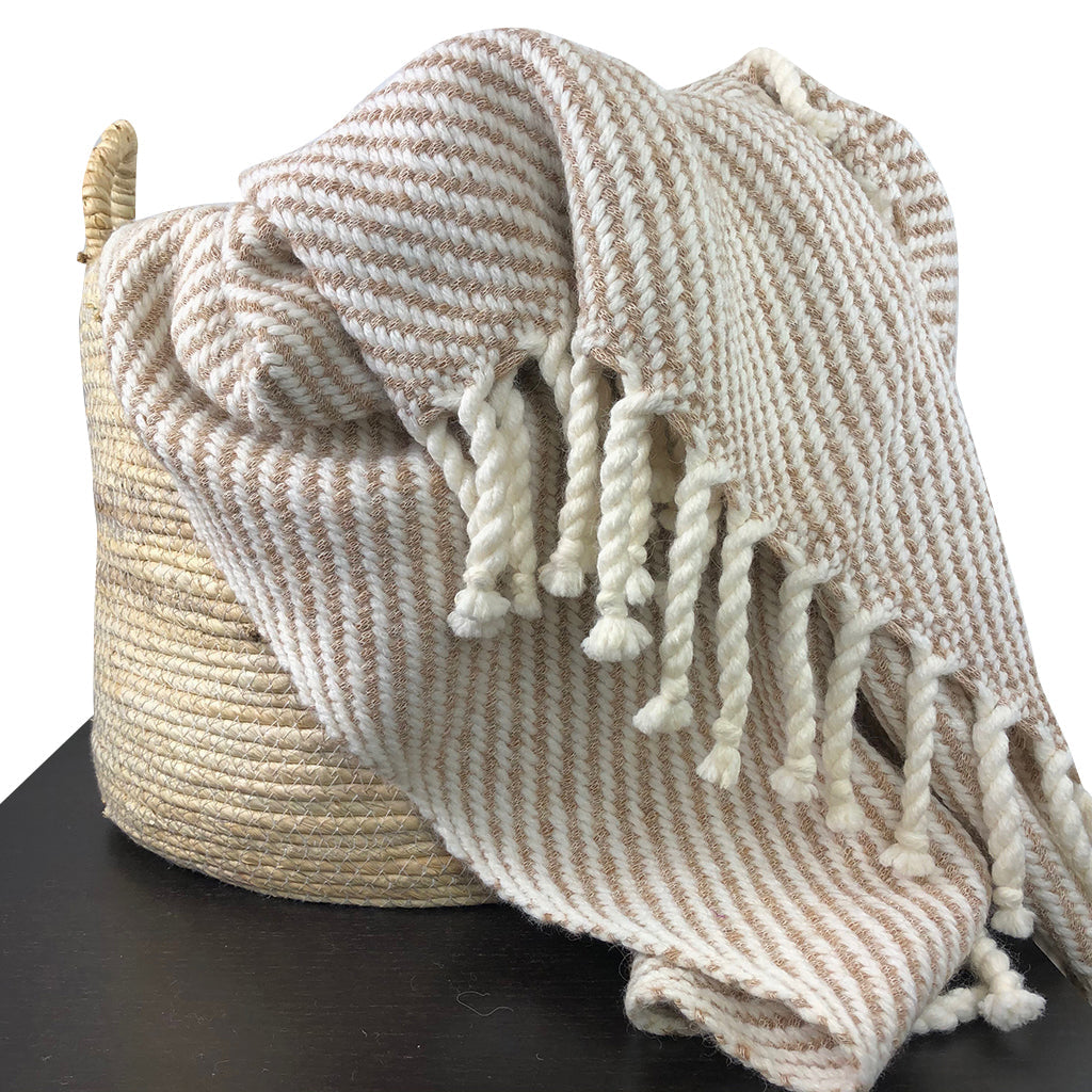 Peruvian Highlands Chunky Alpaca & Wool Striped Throw, Camel + Snow White, Peru