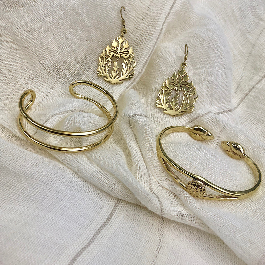Cambodia Craft Recycled Brass Bombshell Carved Earrings, Kandal Province