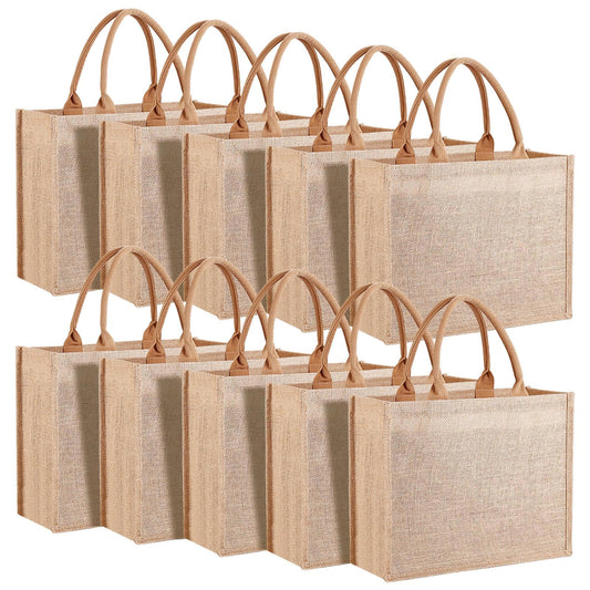 10-Pack Jute Burlap Totes, XL 15"x12" Bulk Reusable Bags, Natural Fiber