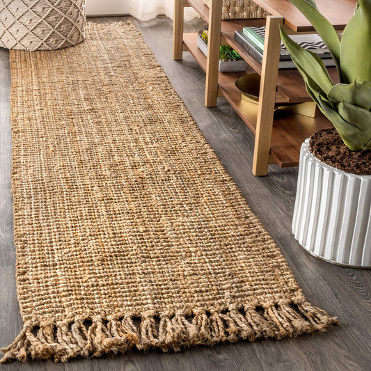 Hand-Woven Jute Hallway Runner Rug with Fringed Ends - 2 x 10 Feet
