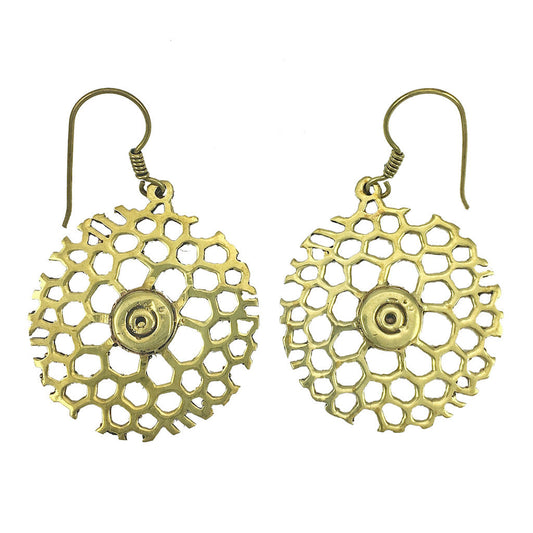 Honeycomb Peace Earrings, Hand-Polished Recycled Brass, Cambodia
