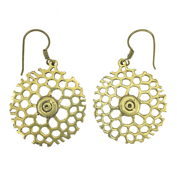 Honeycomb Peace Earrings, Hand-Polished Recycled Brass, Cambodia