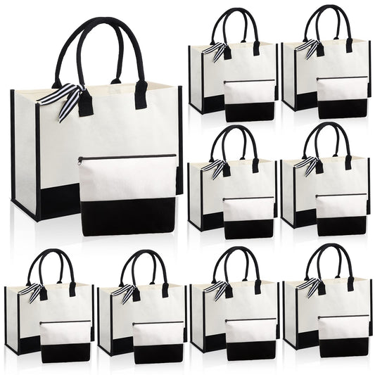 16-Piece Burlap & Canvas Tote Set, 8 Large Jute Totes & 8 Matching Makeup Bags, Bulk Wedding & DIY Gift Set