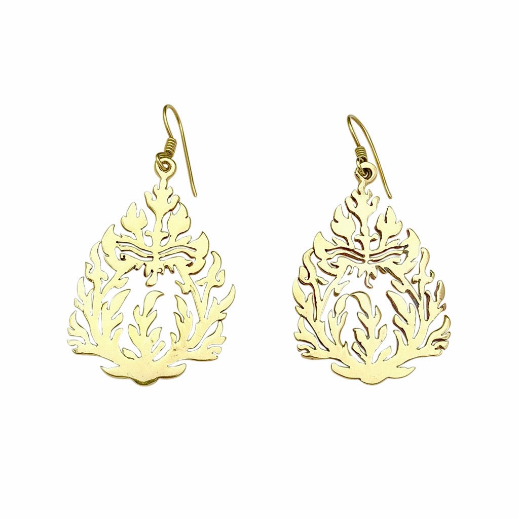 Cambodia Craft Recycled Brass Bombshell Carved Earrings, Kandal Province