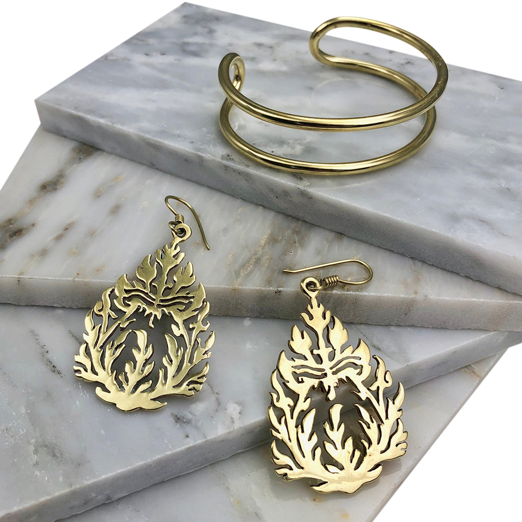 Cambodia Craft Recycled Brass Bombshell Carved Earrings, Kandal Province