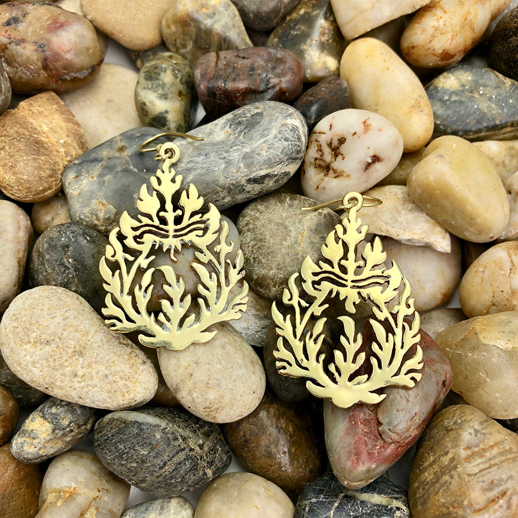 Cambodia Craft Recycled Brass Bombshell Carved Earrings, Kandal Province