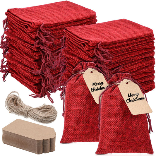 Burlap Gift Bags with Drawstring and Kraft Paper Tags - 100 Piece Set - Red