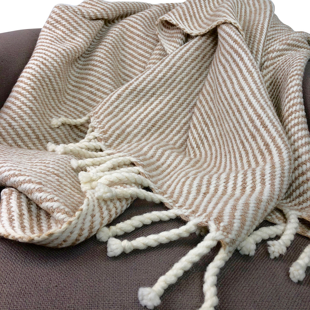 Peruvian Highlands Chunky Alpaca & Wool Striped Throw, Camel + Snow White, Peru