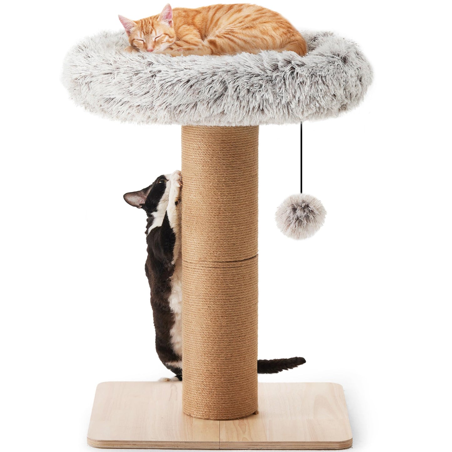 FUKUMARU Jumbo Cat Scratching Post, 5.5” Thick Solid Wood & Natural Jute, 28” Tall Tower with Washable Donut Bed, Furniture-Grade Stability