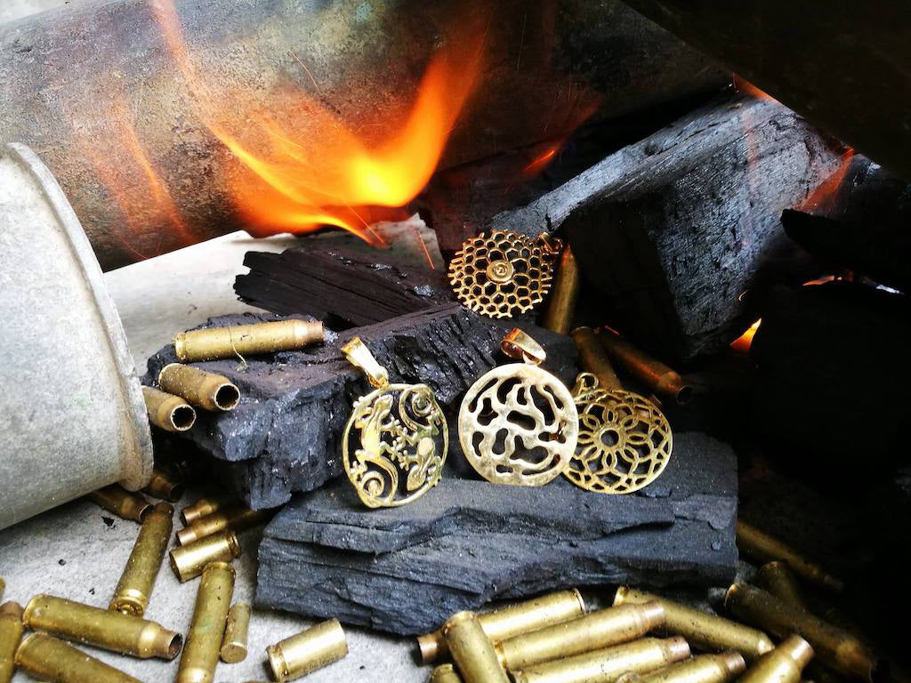 Cambodia Craft Recycled Brass Bombshell Carved Earrings, Kandal Province
