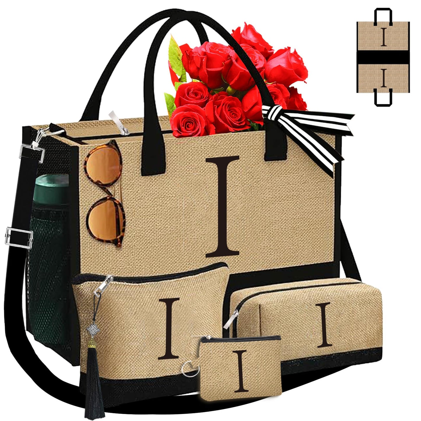 Embroidered Jute Tote and Makeup Bag Set - 3 Piece "I" Monogrammed Travel Kit