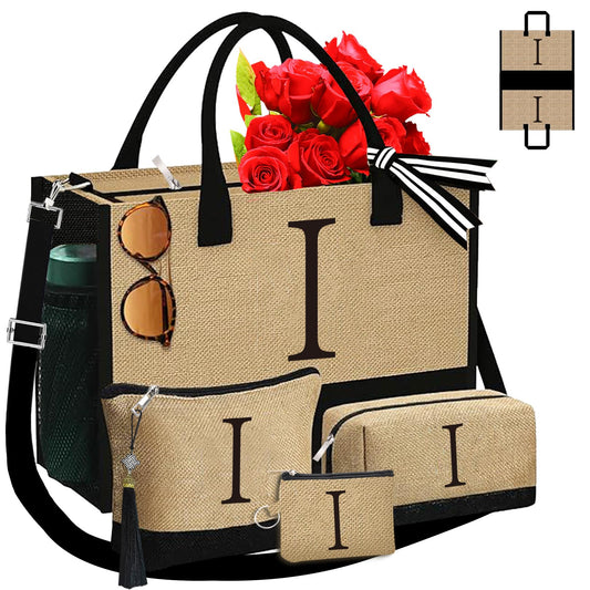 Embroidered Jute Tote and Makeup Bag Set - 3 Piece "I" Monogrammed Travel Kit